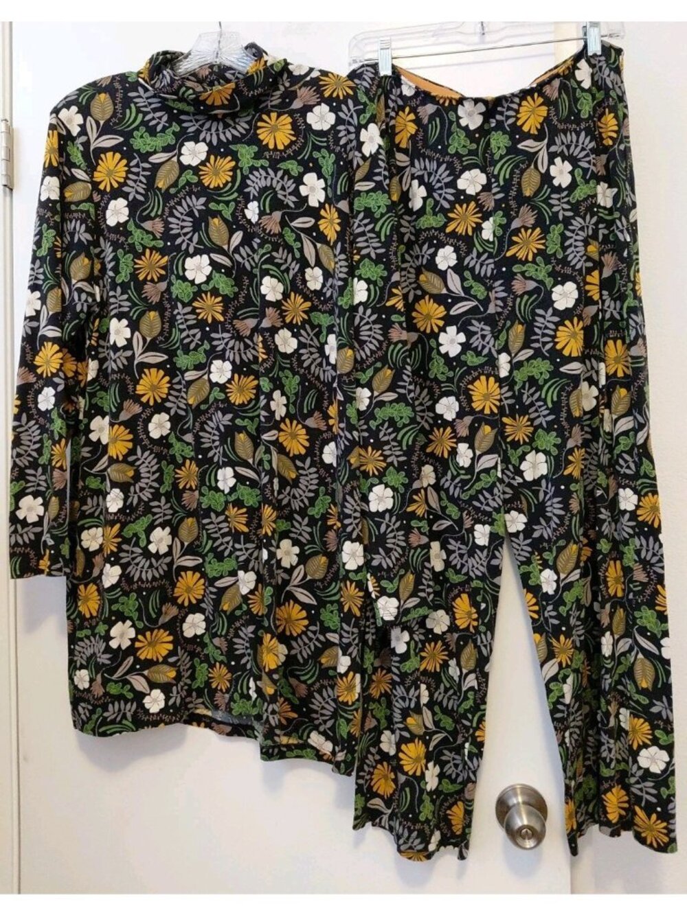 Gudrun Sjoden Tunic Top & Pants Set Long Sleeves Floral Black Gold Green XL